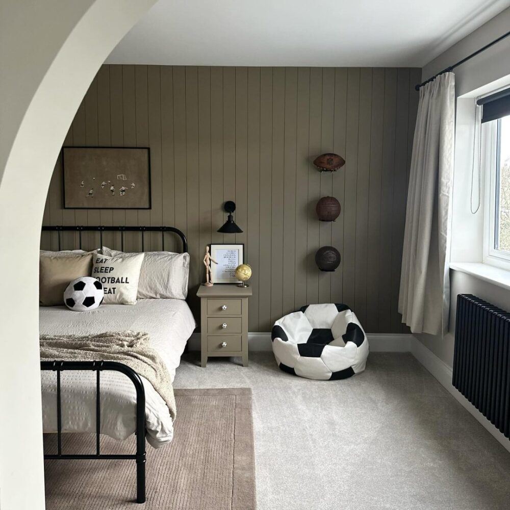 taupe bedroom with football theme