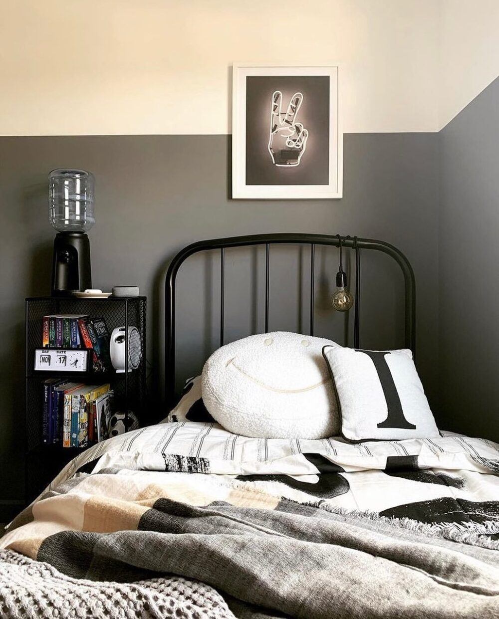 black and white bedroom with industrial theme