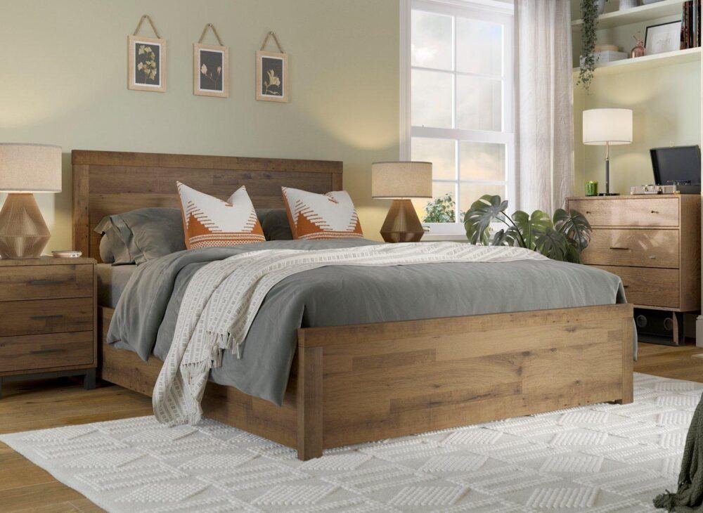 Dark brown wooden bed frame pictured in a green room