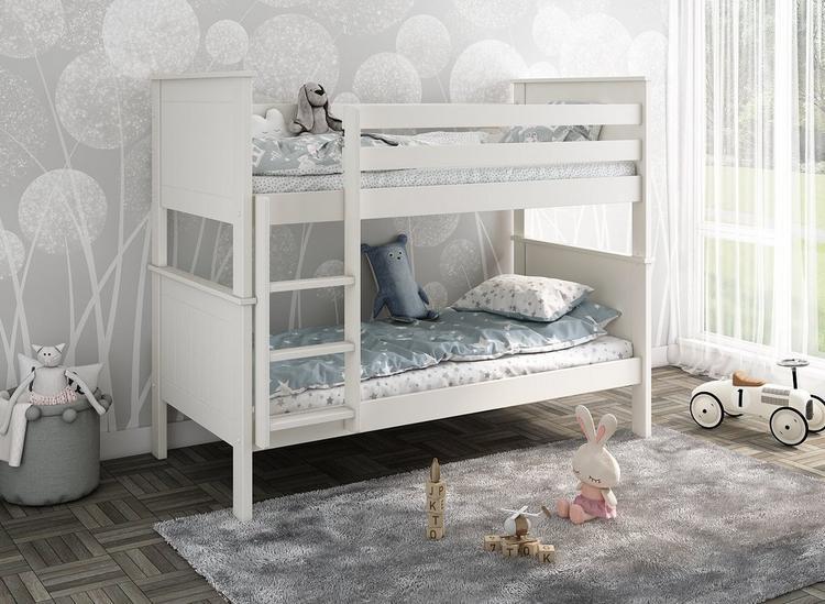 A kids classic bunk bed in white wood, styled in a white and grey kids room.