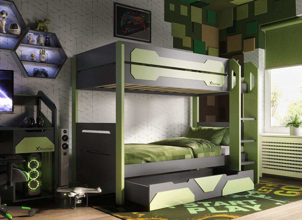 Kids gaming bunk bed with storage drawer, styled in a green gaming-inspired room.