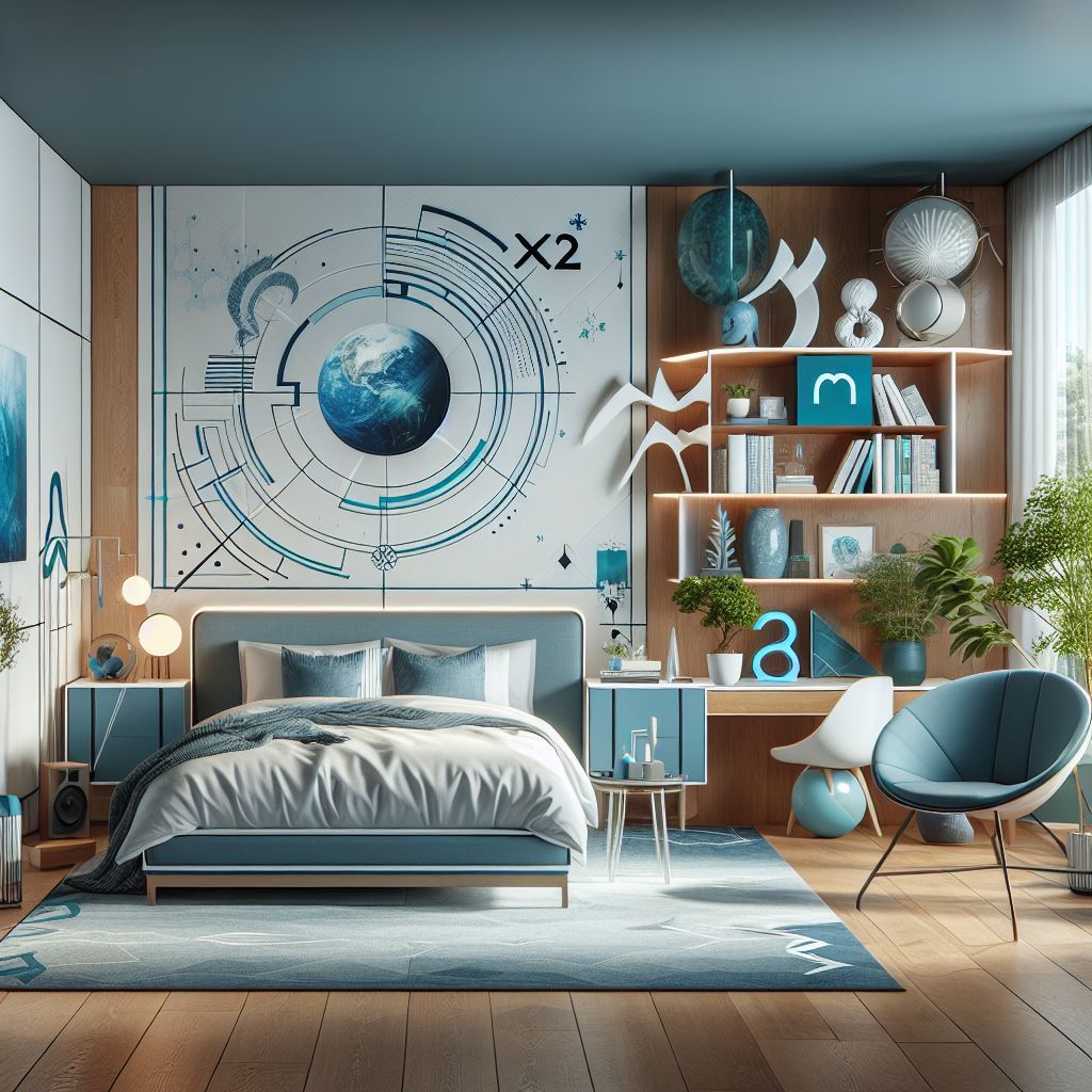 An Aquarius-inspired bedroom featuring design aspects associated with star sign traits