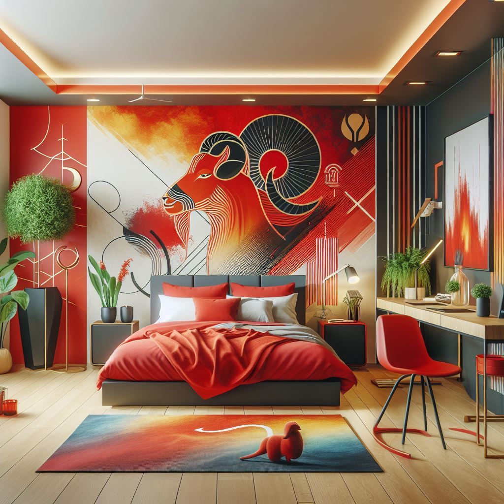 An Aries-inspired bedroom featuring design aspects associated with star sign traits