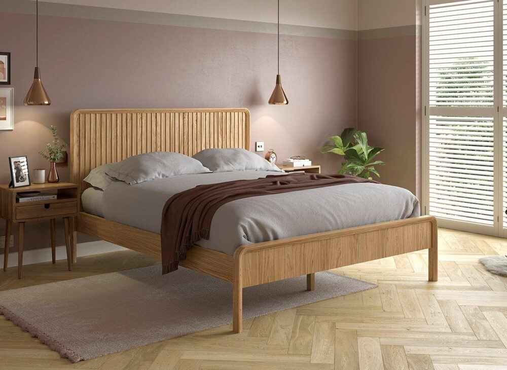 Bangkok wooden bed frame in scandi style light wood and neutral bedroom decor