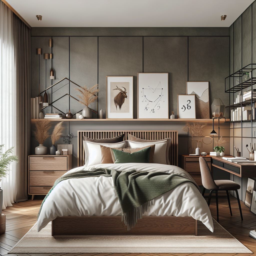 A Capricorn-inspired bedroom featuring design aspects associated with star sign traits