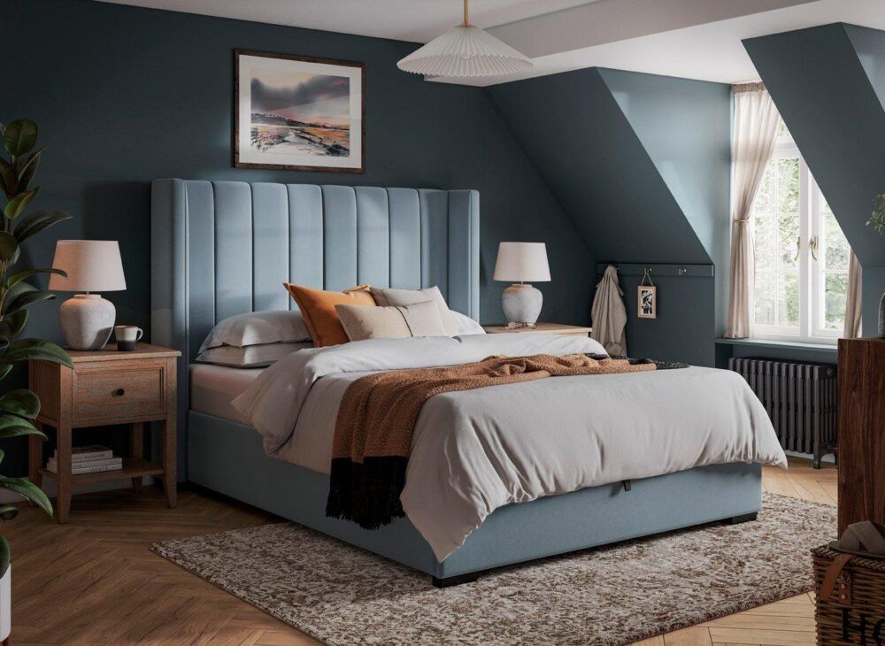 Blue Charlie Upholstered Bed Frame in blue bedroom