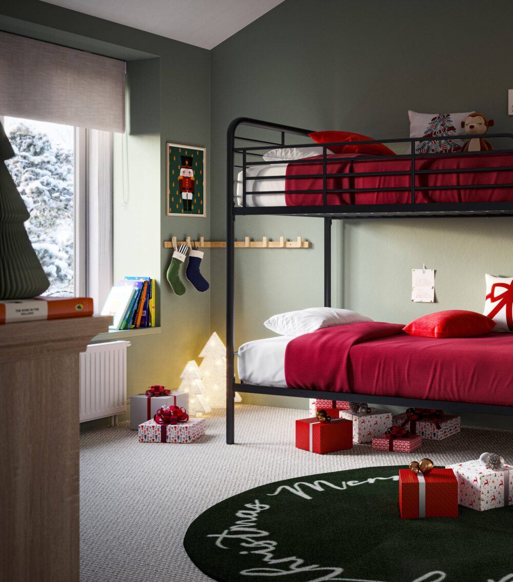 A festive green and red children's bedroom, with a black metal bunk bed