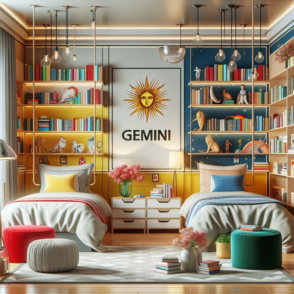 A Gemini-inspired bedroom featuring design aspects associated with star sign traits