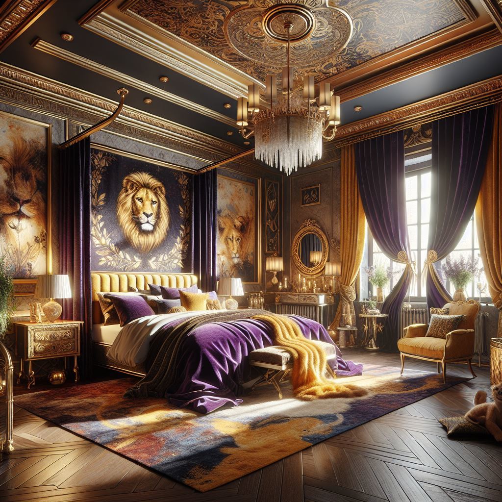 A Leo-inspired bedroom featuring design aspects associated with star sign traits