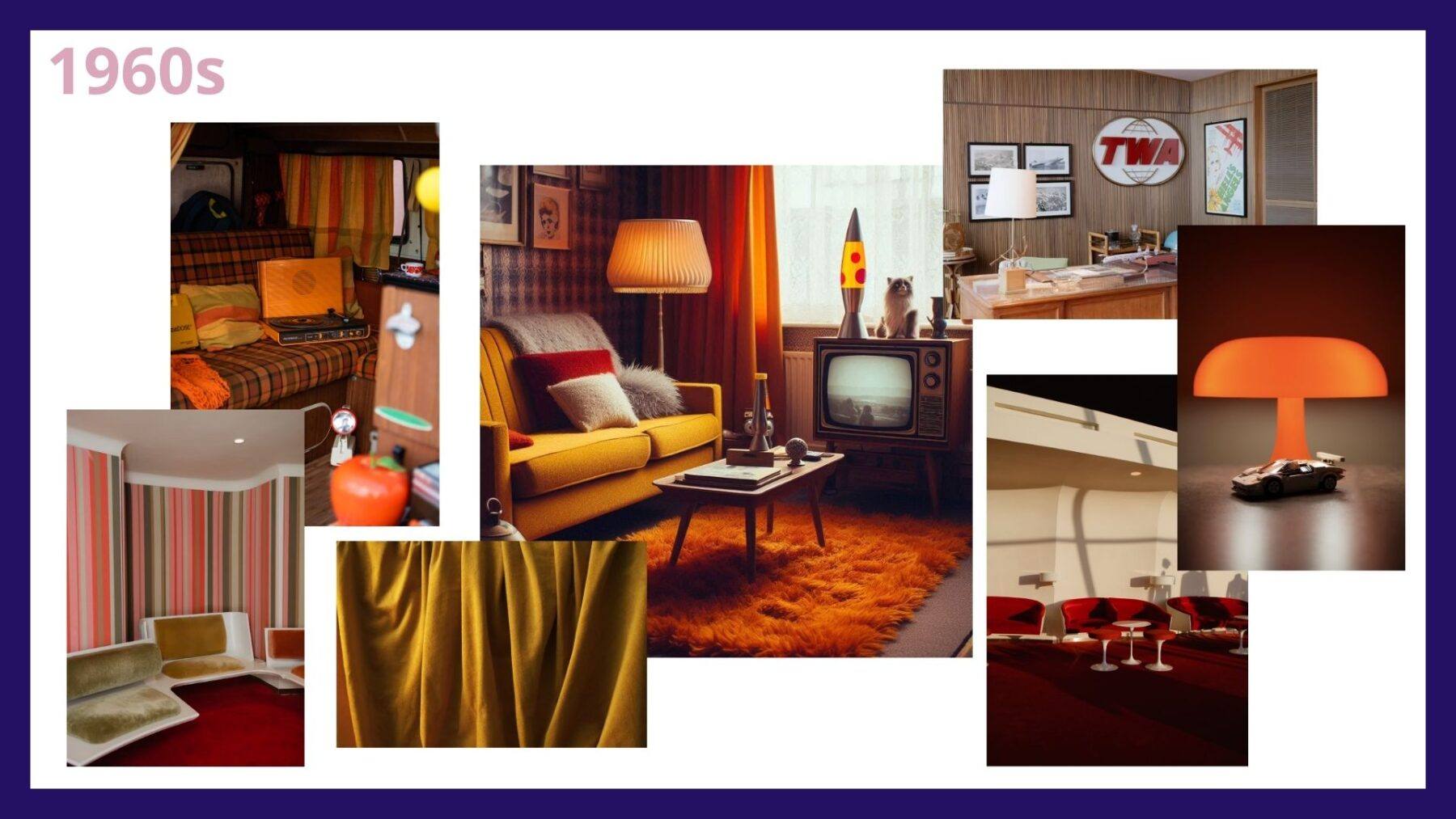 A moodboard depicting the key styles from 1960s interior bedroom design