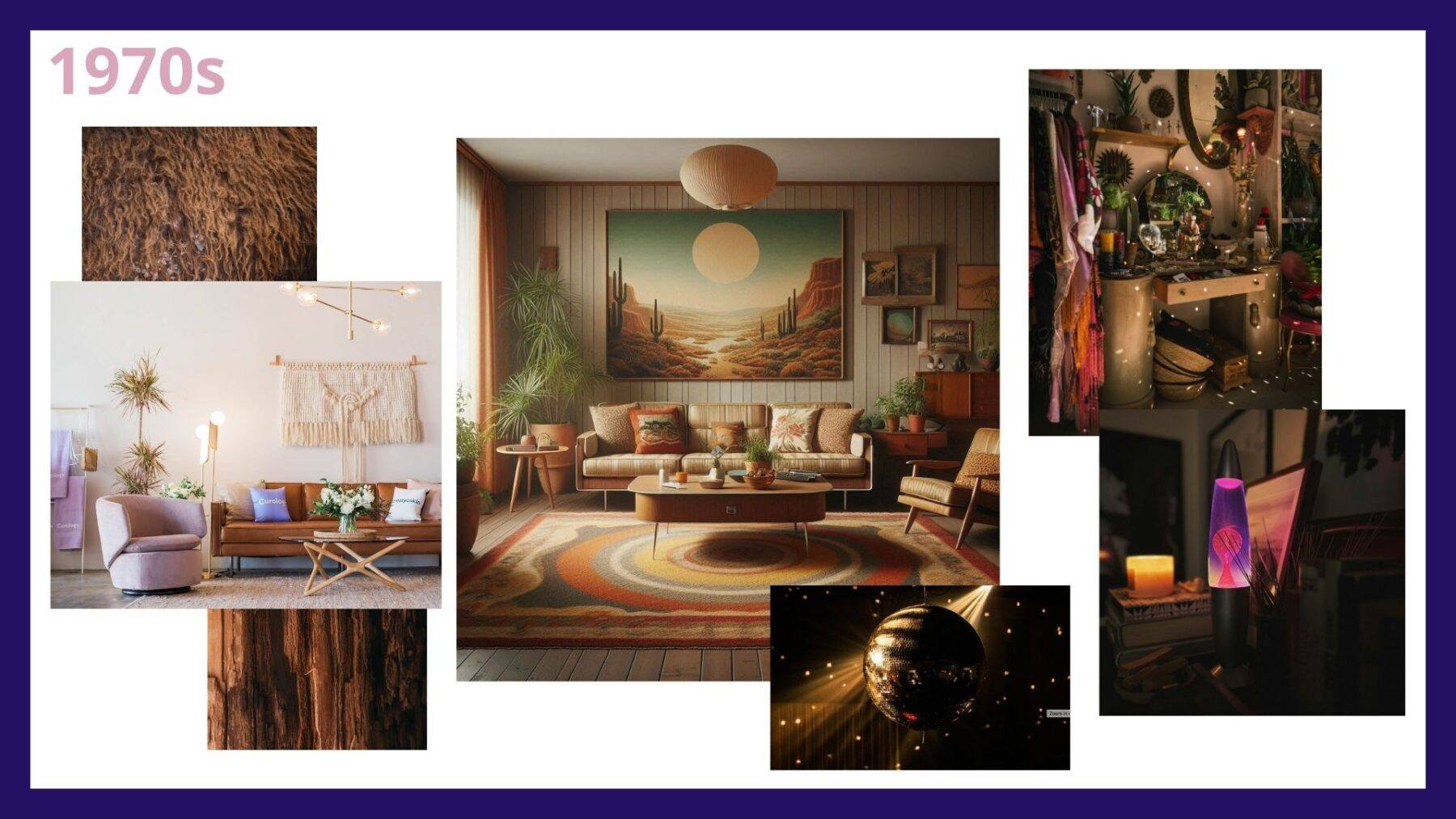 A moodboard depicting the key styles from 1970s interior bedroom design