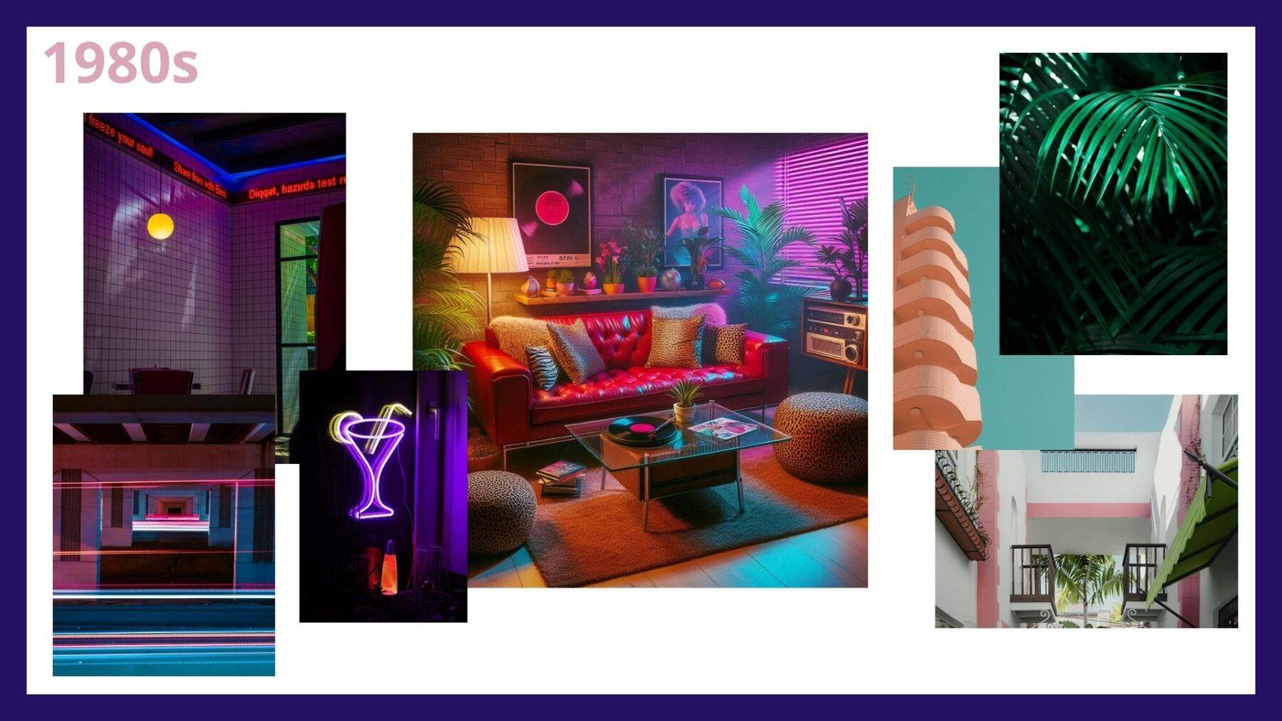 A moodboard depicting the key styles from 1980s interior bedroom design