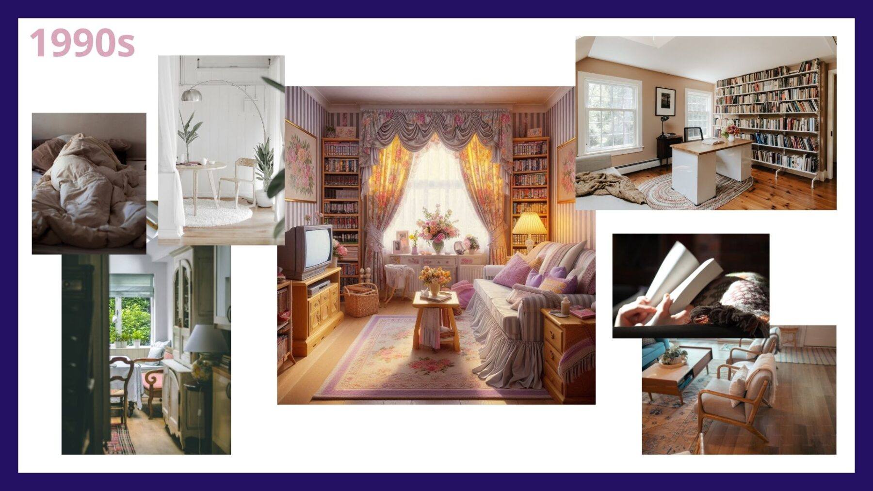 A moodboard depicting the key styles from 1990s interior bedroom design