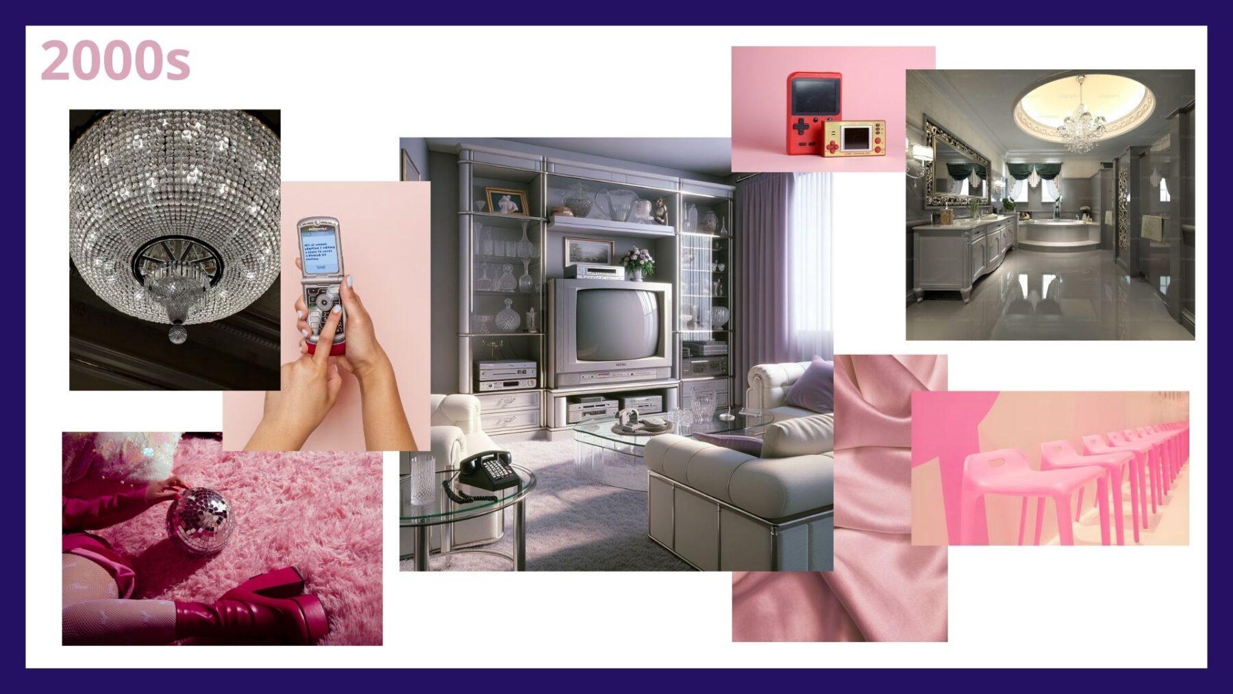 A moodboard depicting the key styles from 2000s interior bedroom design