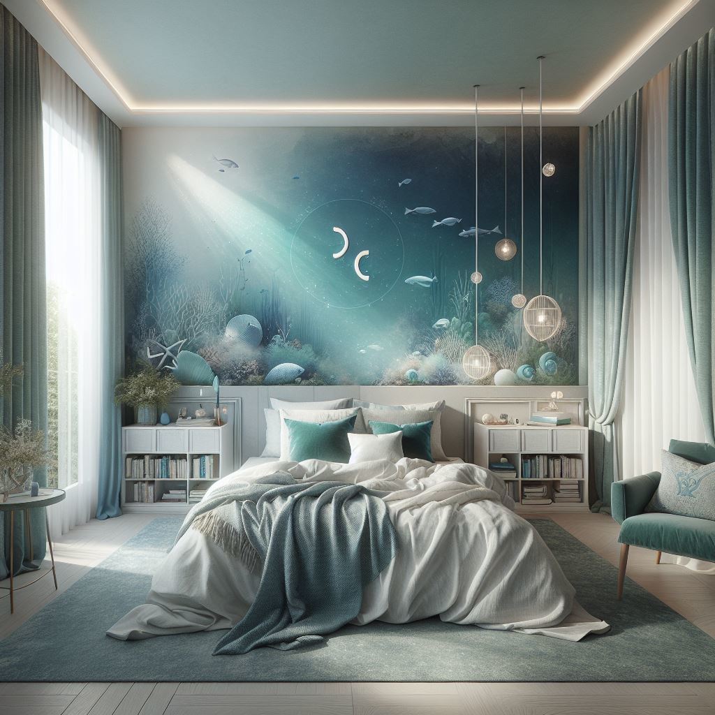 An Pisces-inspired bedroom featuring design aspects associated with star sign traits