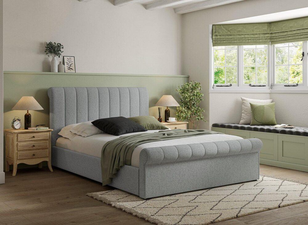 Grey Sandy Upholstered Ottoman Bed Frame styled with g`reen panel walls