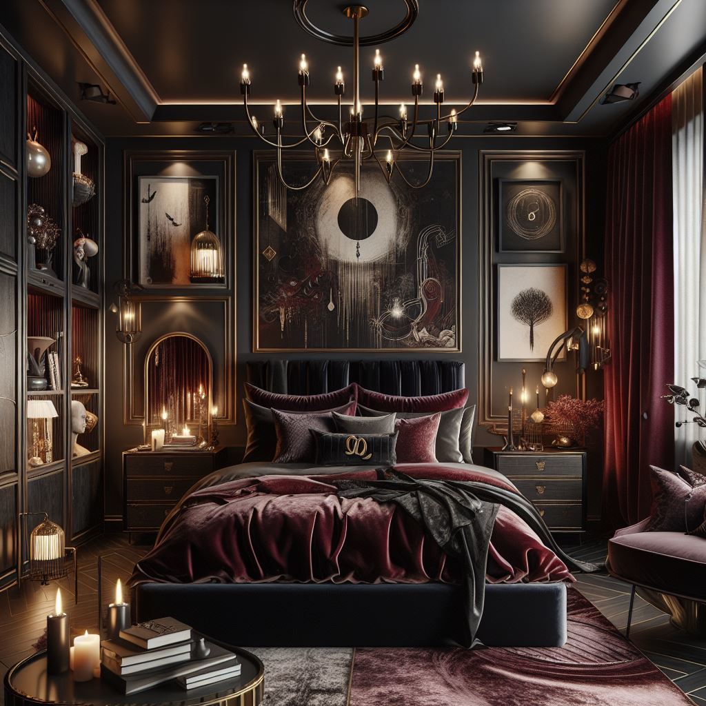 A Scorpio-inspired bedroom featuring design aspects associated with star sign traits