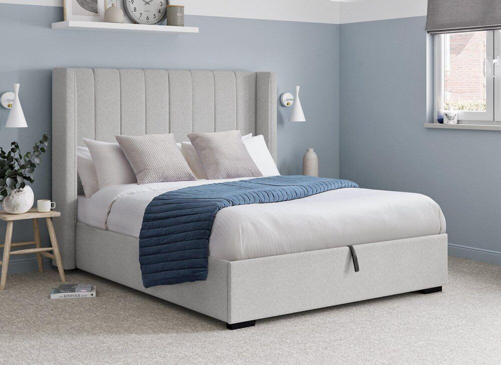 Charlie Upholstered Ottoman Bed Frame in light grey woven fabric