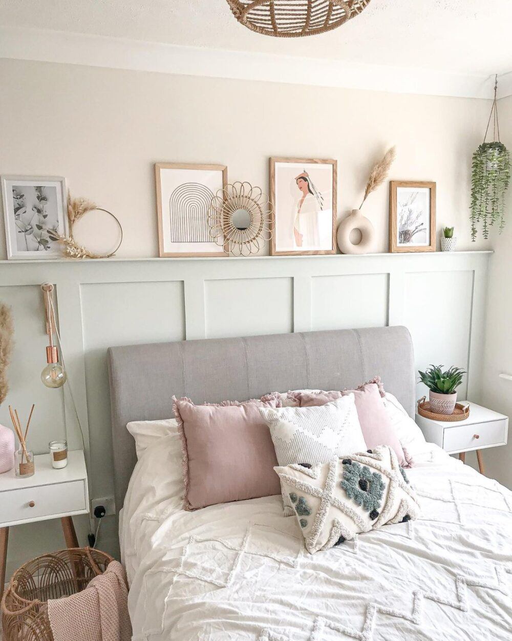 Grey bed frame with wooden paneling