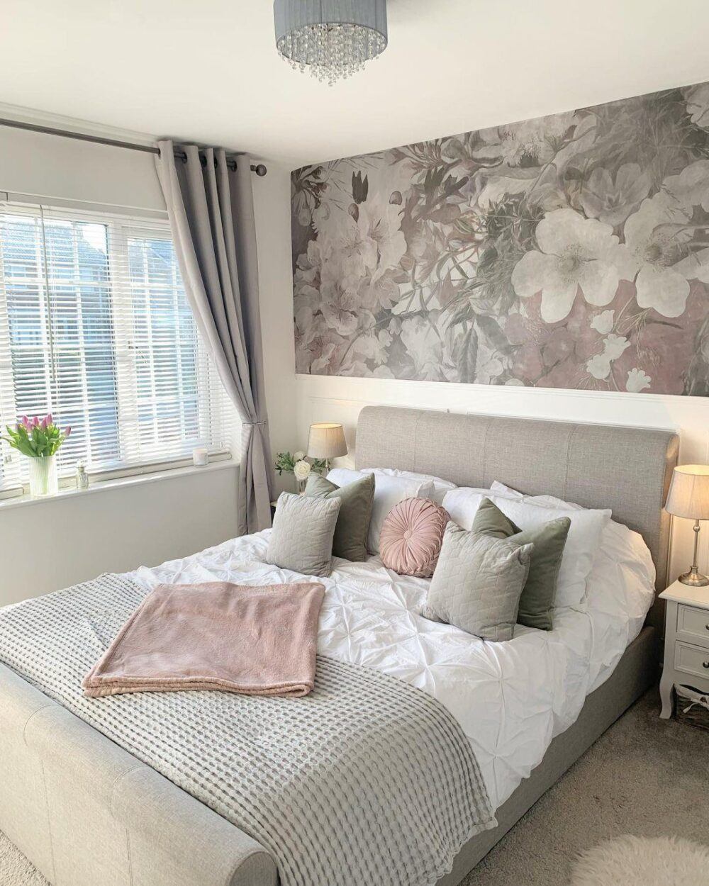 Grey and pink bedroom with patterned wallpaper