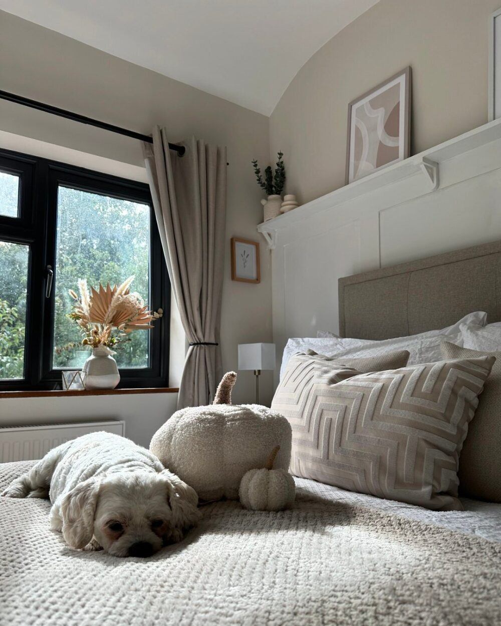 Beige upholstered bed, styled with autumnal Halloween pumpkin decorations