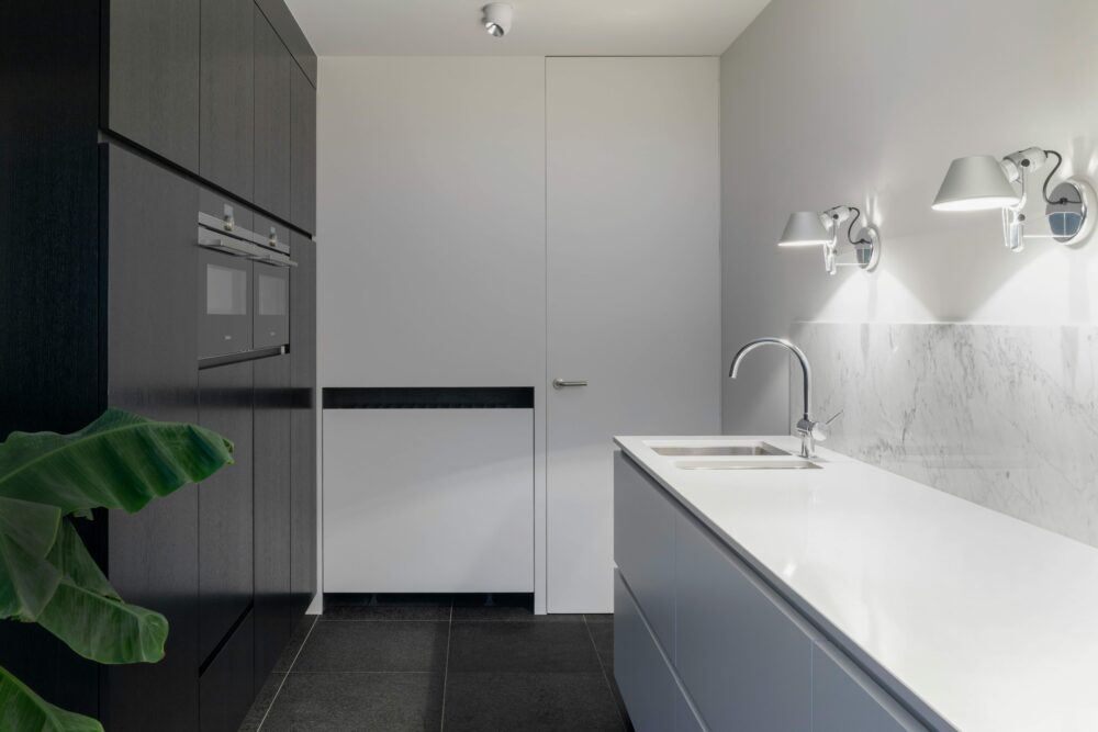 A classic minimalism kitchen in white and grey