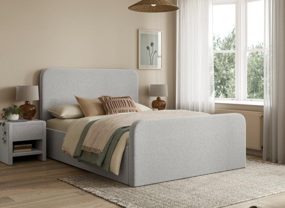 House Beautiful Boucle Margot Bed in grey, with fuzzy upholstered fabric