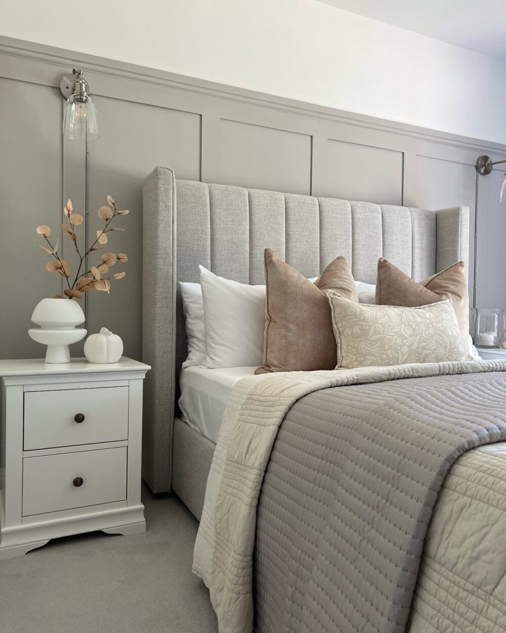 UGC by mbellishbymir-interiors featuring grey, white and beige bedroom design featuring wall panelling and cushions and throw