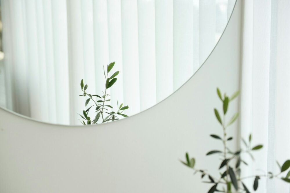 image of a circular mirror on a white wall opposite a window reflecting a plant and helping brighten the room
