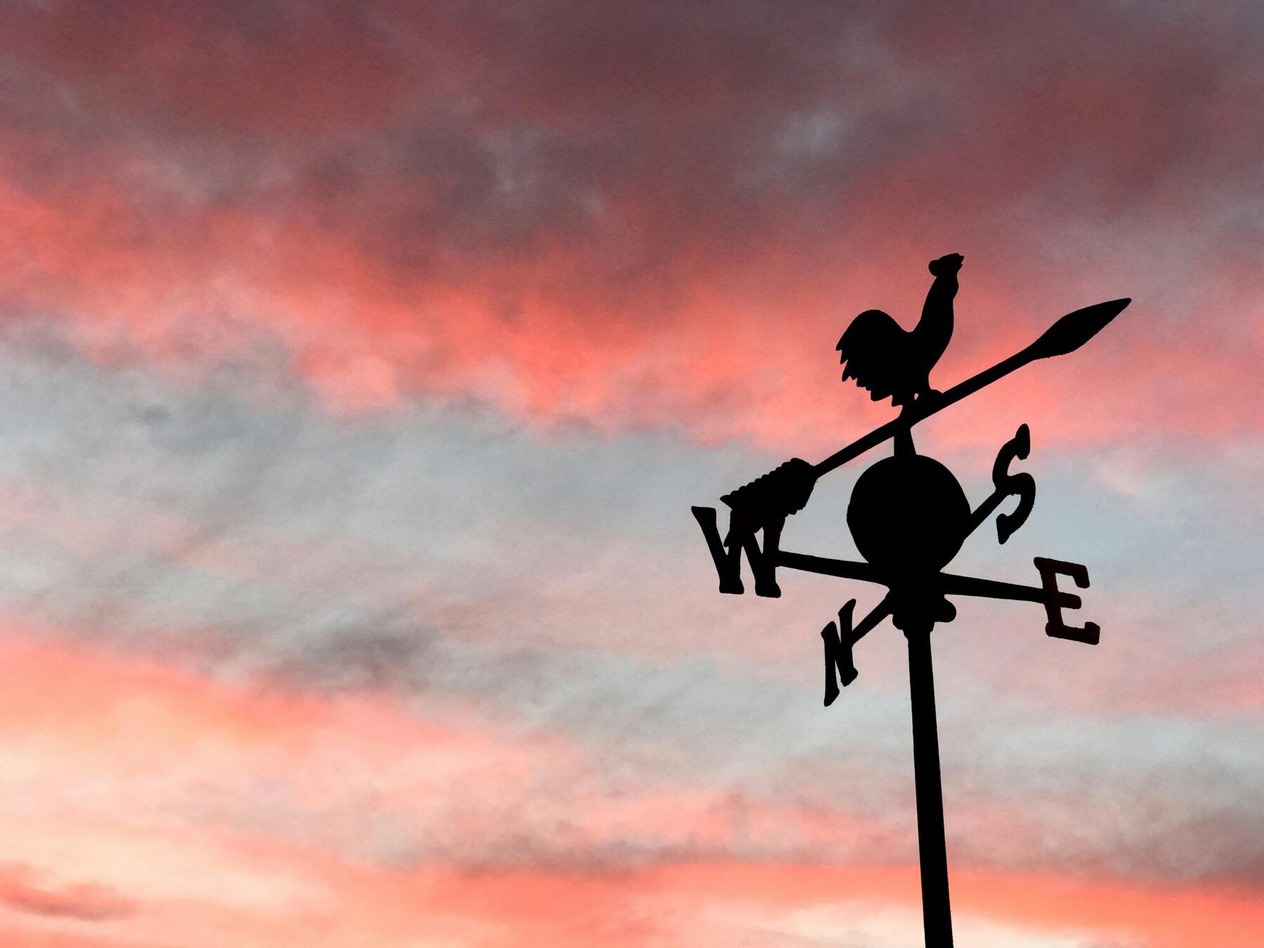 Image of a signpost depicting north, east, south, west with a sunset in the background.