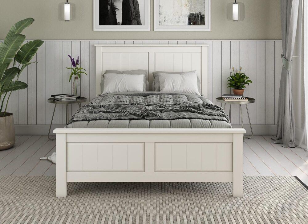 Northwood bed white wooden, in a white and neutral grey bedroom with houseplants