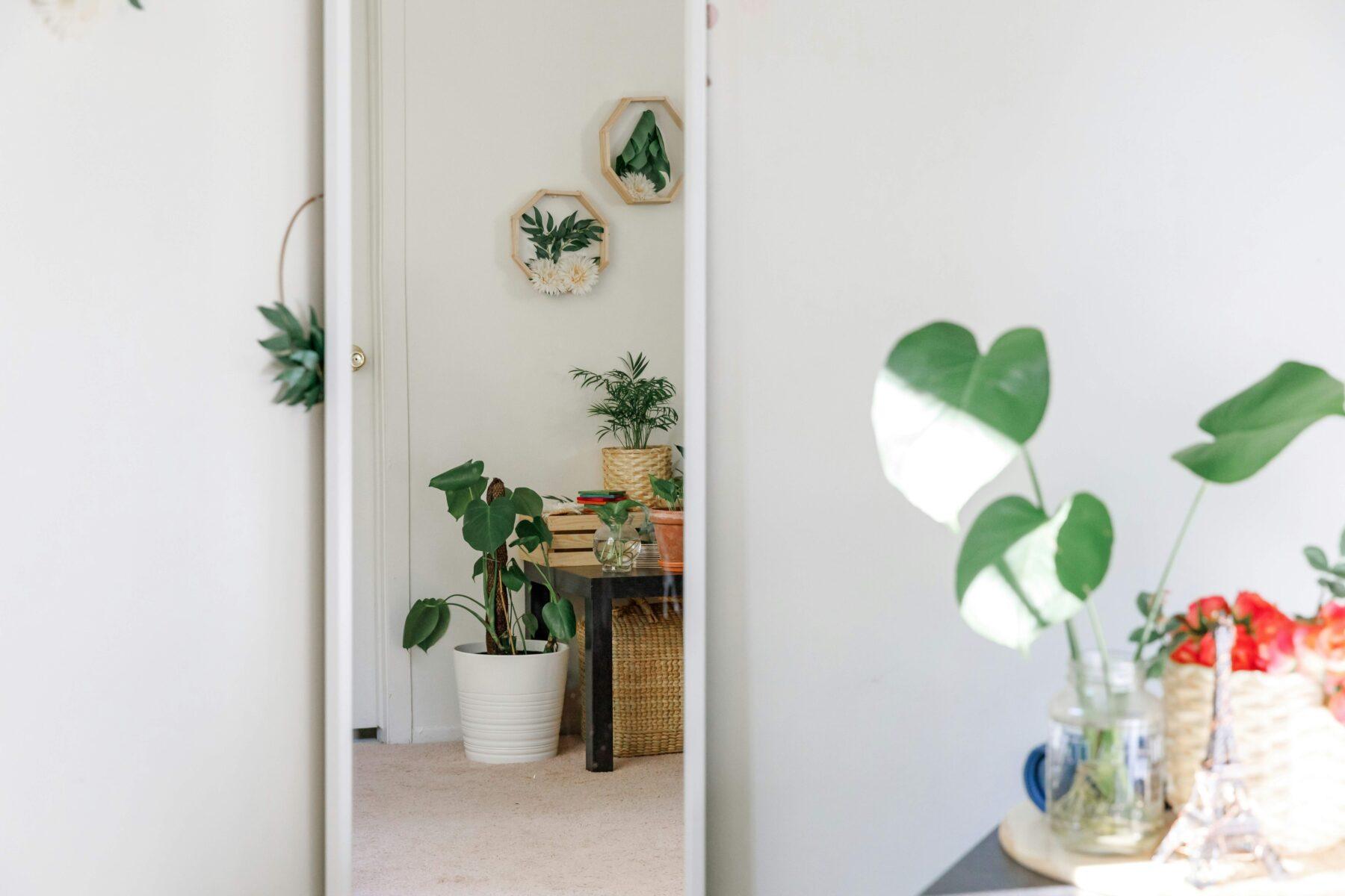 Peaceful Bedroom with Mirrors and Plants