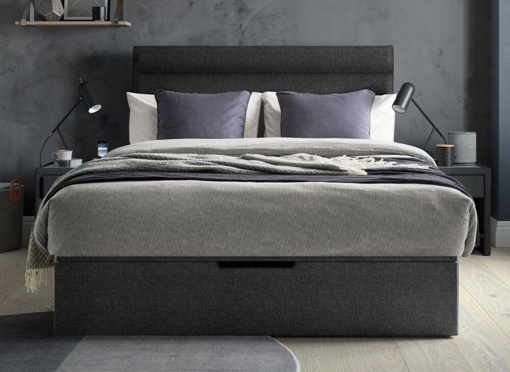 Sutton Upholstered Ottoman Bed Frame in tonal grey bedroom design