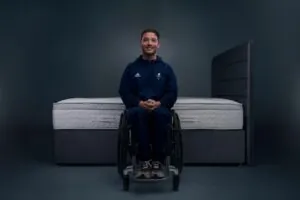 Alfie Hewett OBE, ParalympicsGB wheelchair tennis star, pictured with a Dreams mattress