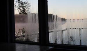 A window out of a home, covered in condensation from high humidity. Inside is dark, but outside there is a lake and the sun is slowly rising over a forest in the distance.