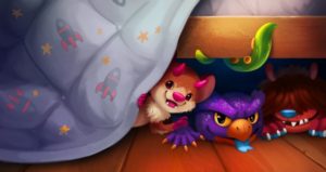Illustration of cute monsters hiding under bed